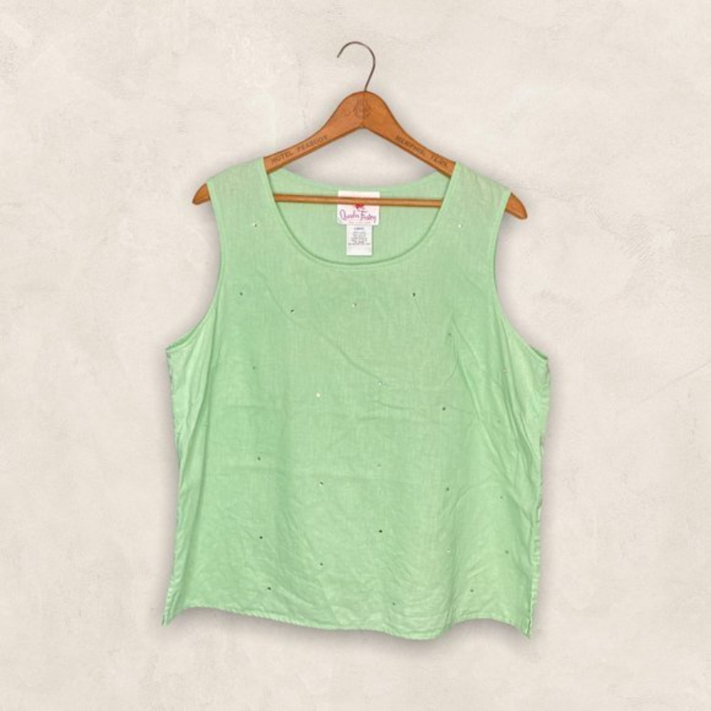 Quacker Factory Large L Lime Green Linen‎ Blend Rhinestone Embellished Tank Top